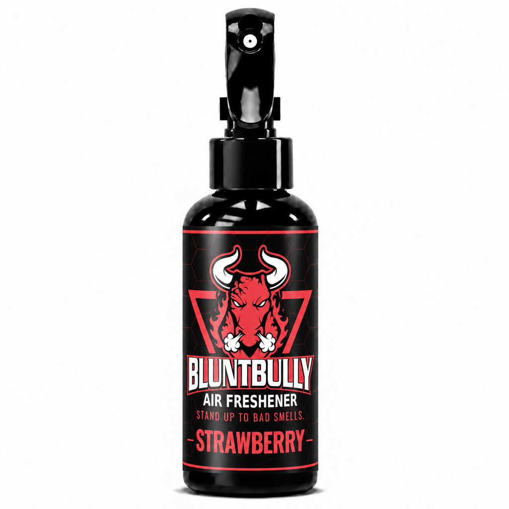Blunt Bully Strawberry Air Freshener Spray, 4 oz black trigger spray bottle with matching scent label