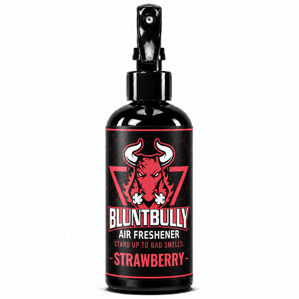 Blunt Bully Strawberry Air Freshener Spray, 8 oz black trigger spray bottle with matching scent label