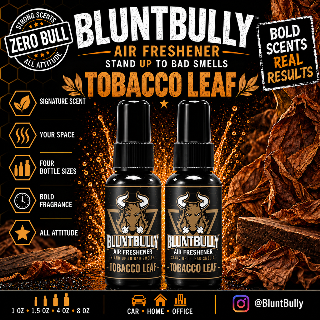 BluntBully Tobacco Leaf air freshener illustrated scent card with individual scent label on the bottles