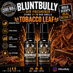 BluntBully Tobacco Leaf air freshener illustrated scent card with individual scent label on the bottles
