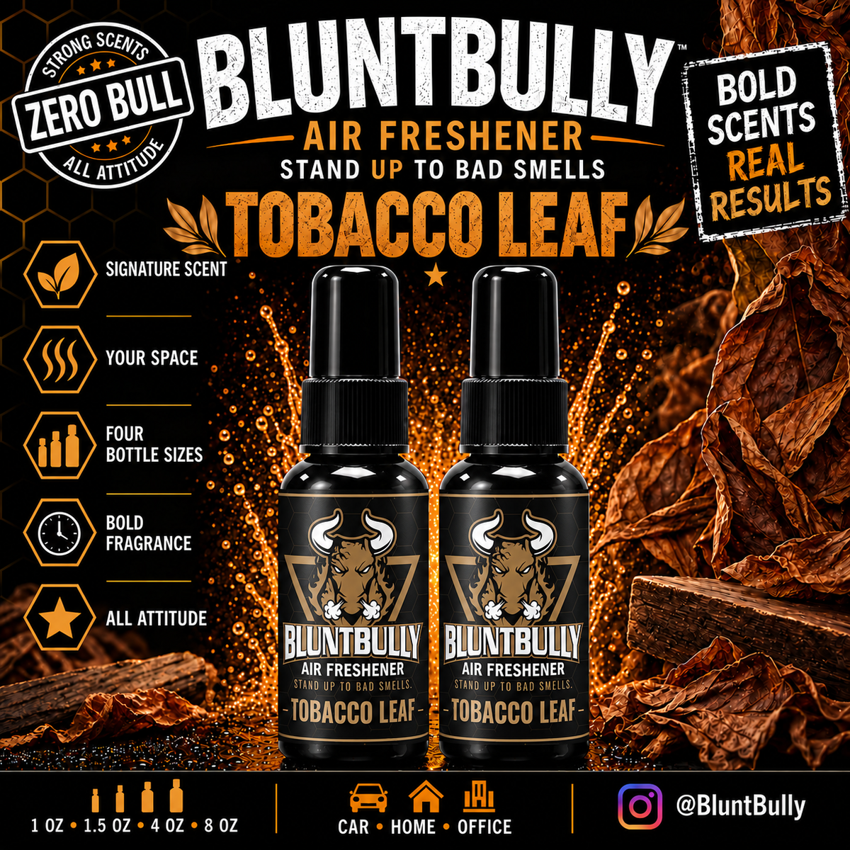 BluntBully Tobacco Leaf air freshener illustrated scent card with individual scent label on the bottles