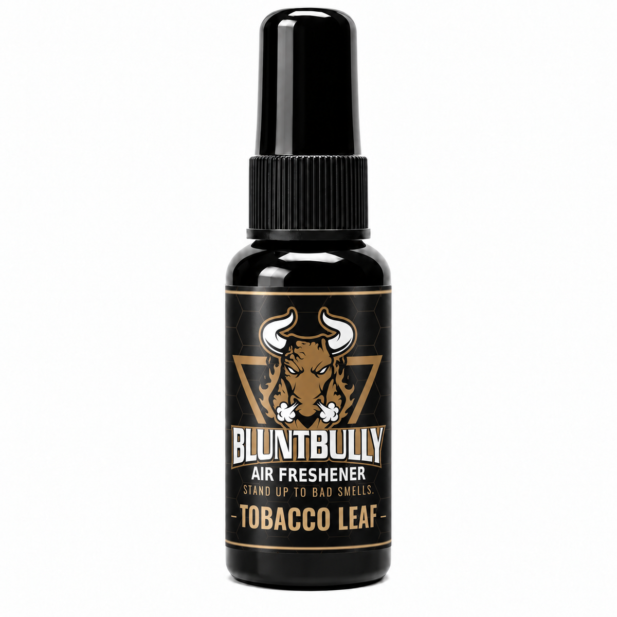 BluntBully Tobacco Leaf air freshener 1 oz and 1.5 oz black spray bottle with individual scent label