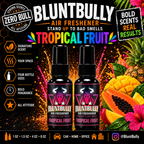 BluntBully Tropical Fruit air freshener illustrated scent card with individual scent label on the bottles