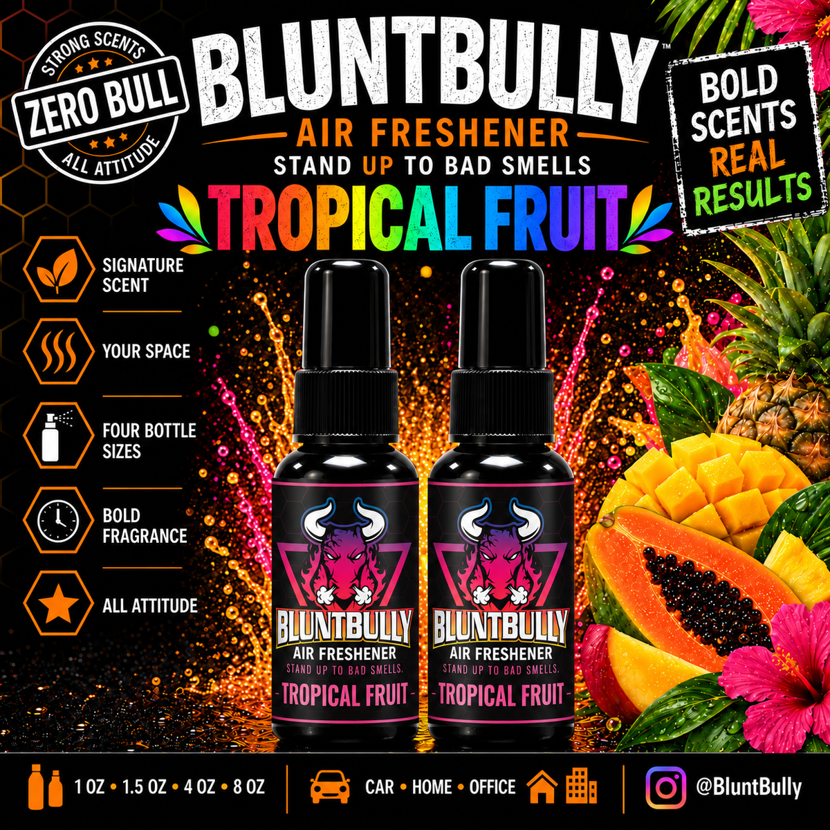 BluntBully Tropical Fruit air freshener illustrated scent card with individual scent label on the bottles