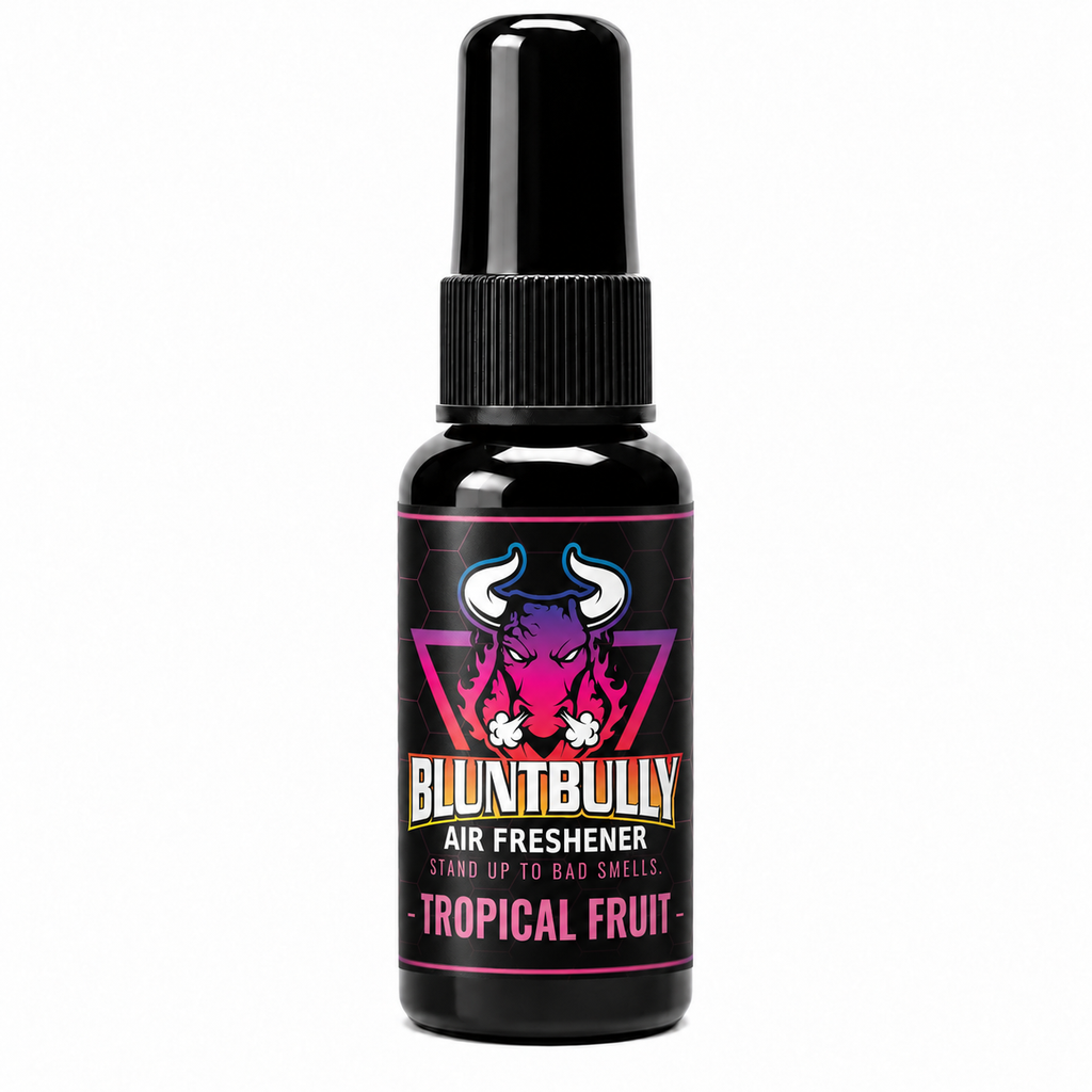 BluntBully Tropical Fruit air freshener 1 oz and 1.5 oz black spray bottle with individual scent label