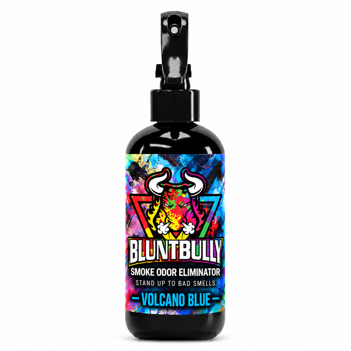 Blunt Bully Volcano Blue Smoke Odor Eliminator Spray, 8 oz black spray bottle with matching scent label on white background
