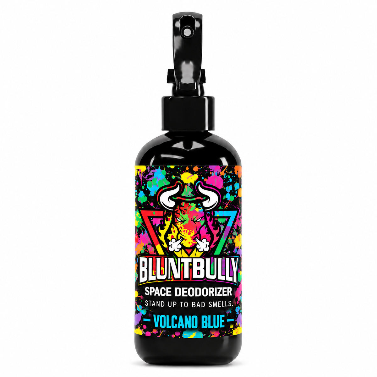 Blunt Bully Volcano Blue Space Deodorizer Spray, 8 oz black spray bottle with matching scent label on white background