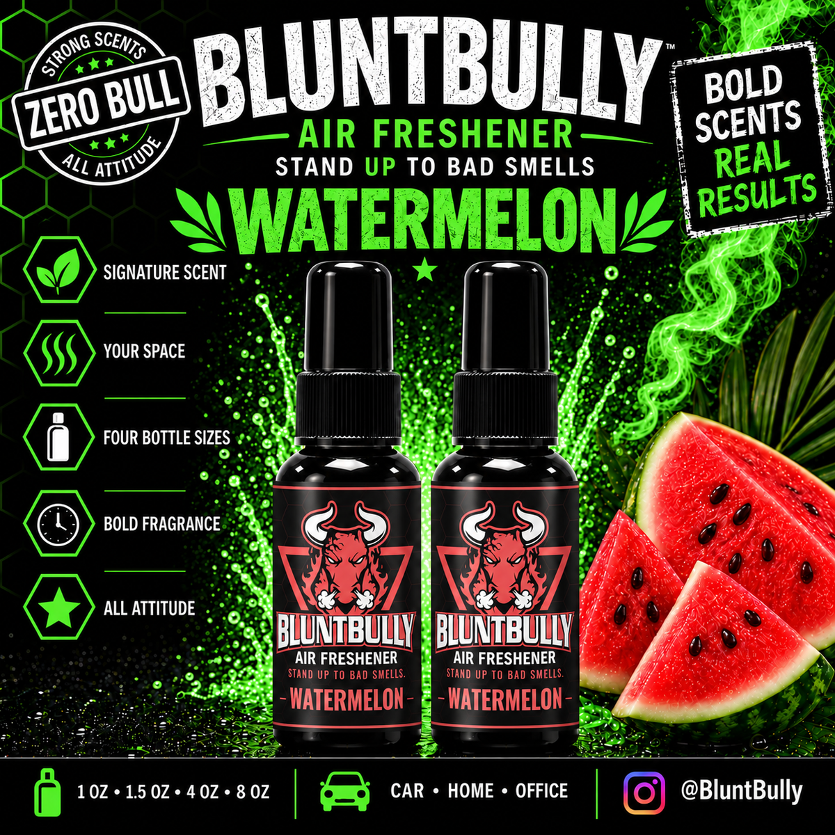BluntBully Watermelon air freshener illustrated scent card with individual scent label on the bottles