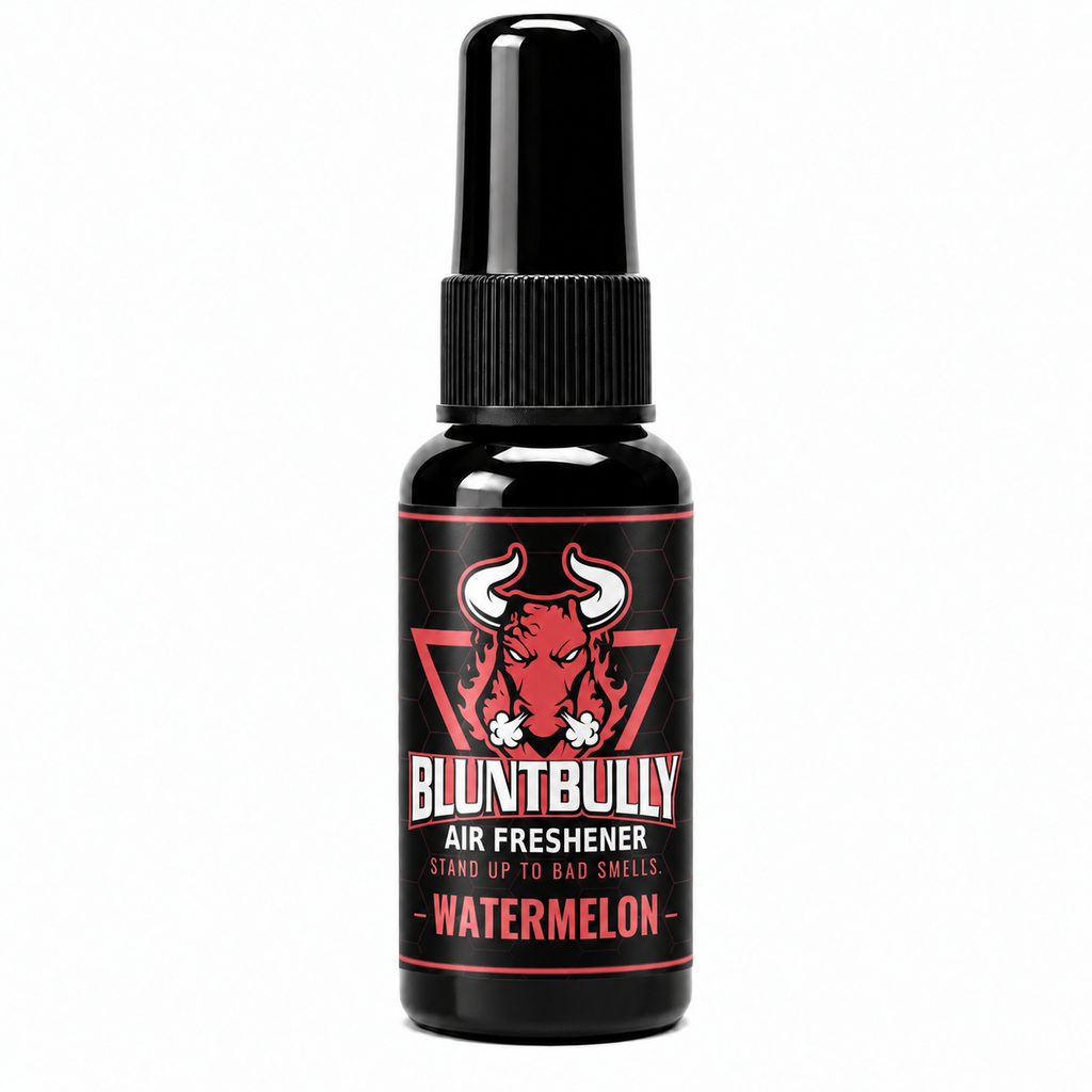 BluntBully Watermelon air freshener 1 oz and 1.5 oz black spray bottle with individual scent label