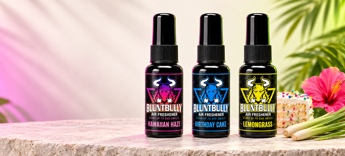 BluntBully Hawaiian Haze Air Freshener, Birthday Cake Air Freshener, Lemongrass Air Freshener with current bottle packaging