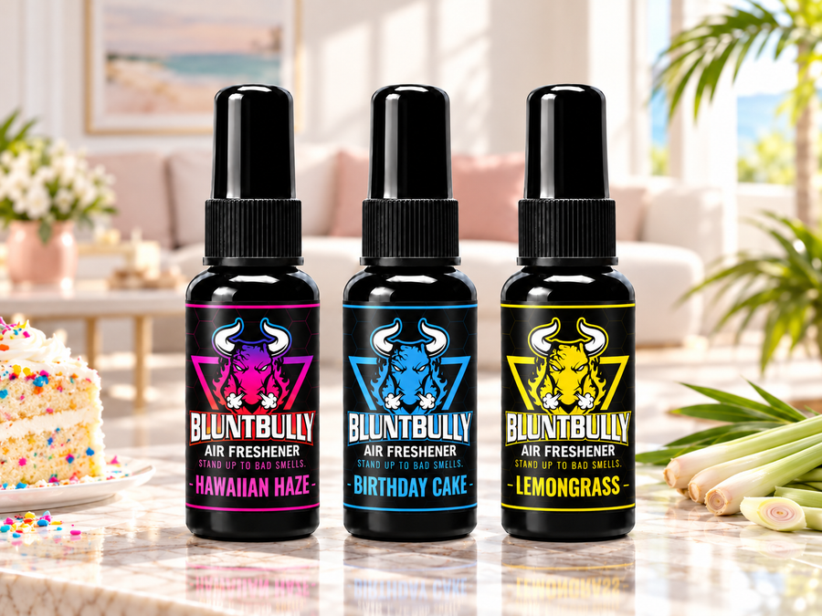 BluntBully Air Fresheners bottles in a colorful lifestyle setting