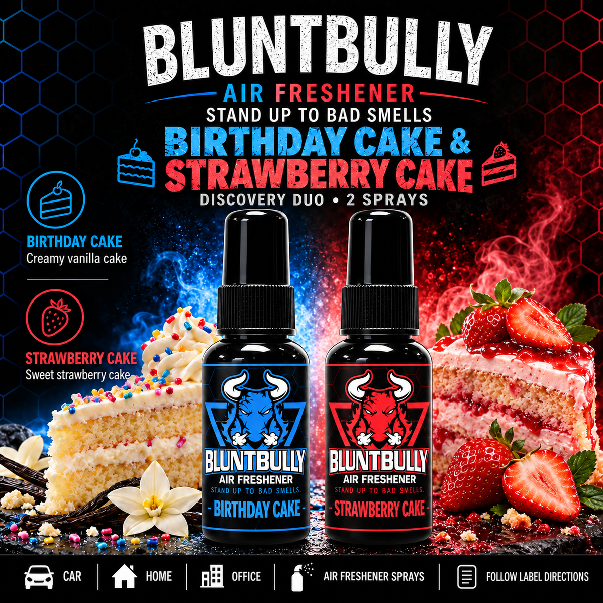 Birthday Cake & Strawberry Cake Discovery Duo — two air freshener sprays with vanilla cake and strawberry cake scent profiles
