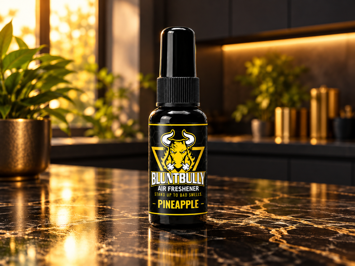 BluntBully pineapple air freshener spray in a kitchen setting