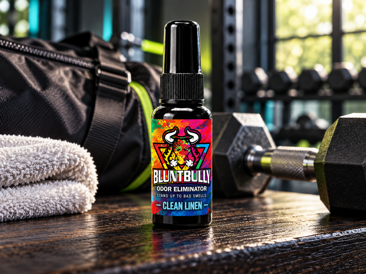 BluntBully clean linen odor eliminator spray in a gym setting