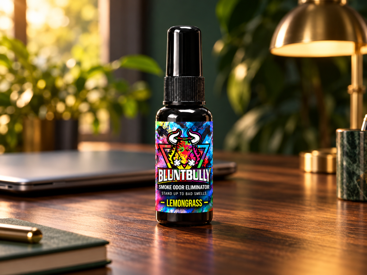 BluntBully lemongrass smoke odor eliminator spray in a workspace setting