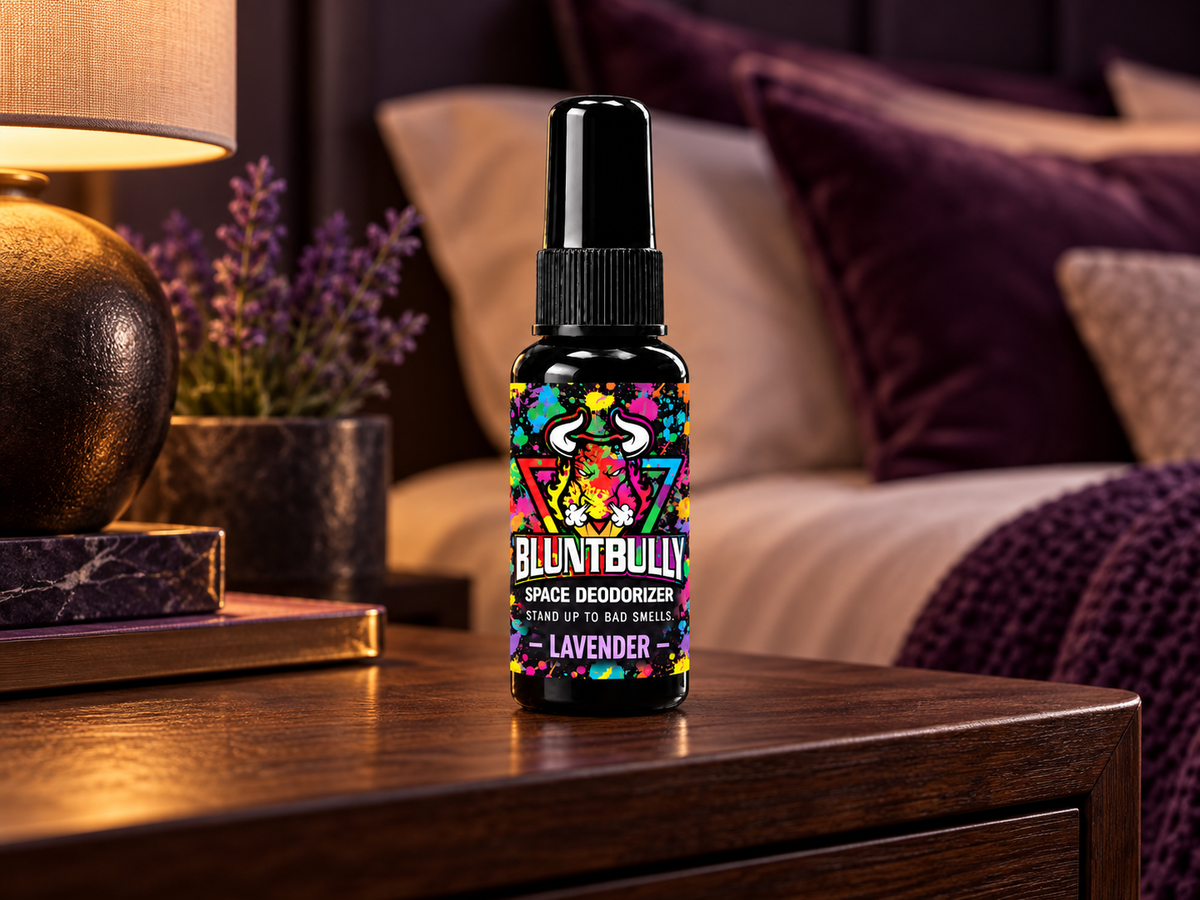BluntBully lavender space deodorizer spray in a bedroom setting