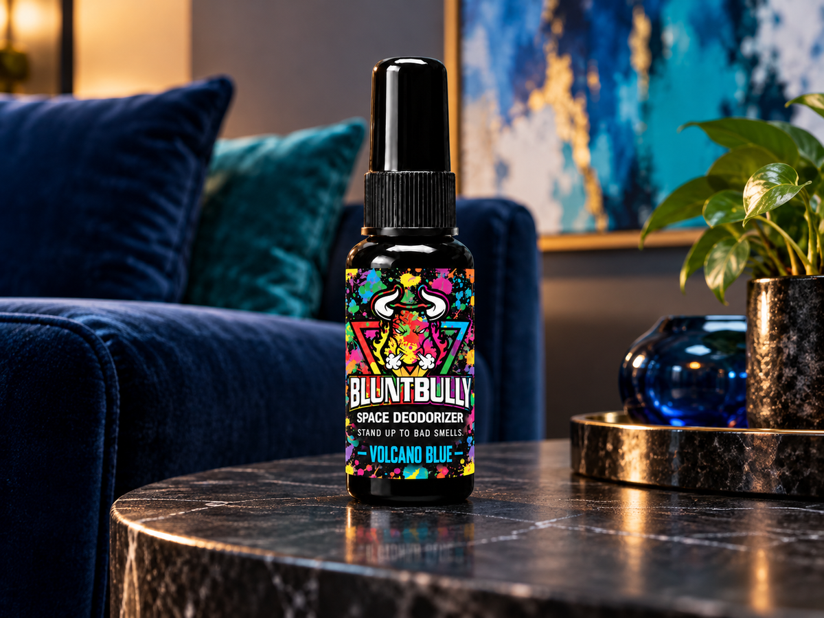 BluntBully volcano blue space deodorizer spray in a living setting