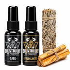 BluntBully Sage and Palo Santo Discovery Set with two air freshener spray bottles, one dried sage bundle and Palo Santo sticks