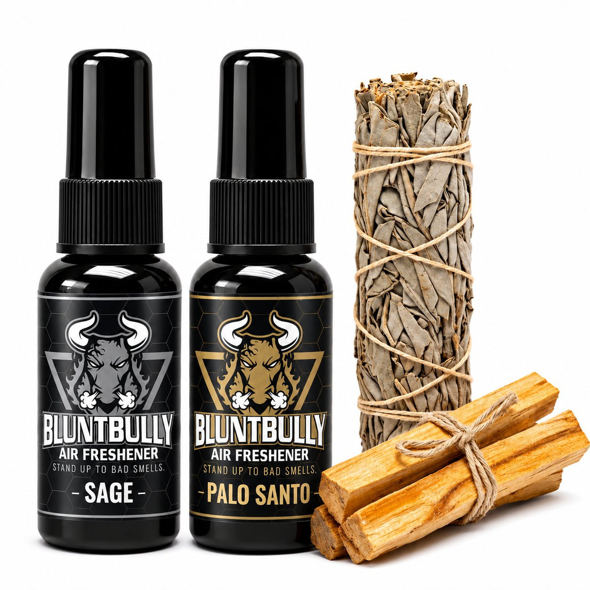 BluntBully Sage and Palo Santo Discovery Set with two air freshener spray bottles, one dried sage bundle and Palo Santo sticks