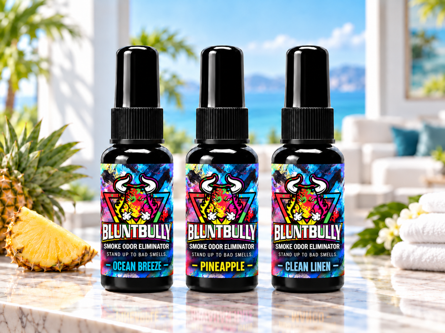 BluntBully Smoke Odor Eliminators bottles in a colorful lifestyle setting
