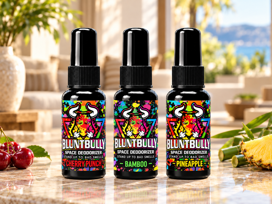 BluntBully Space Deodorizers bottles in a colorful lifestyle setting