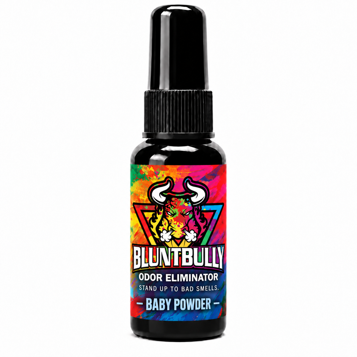 BluntBully Baby Powder Odor Eliminator, new label on the standard 1 oz and 1.5 oz black bottle