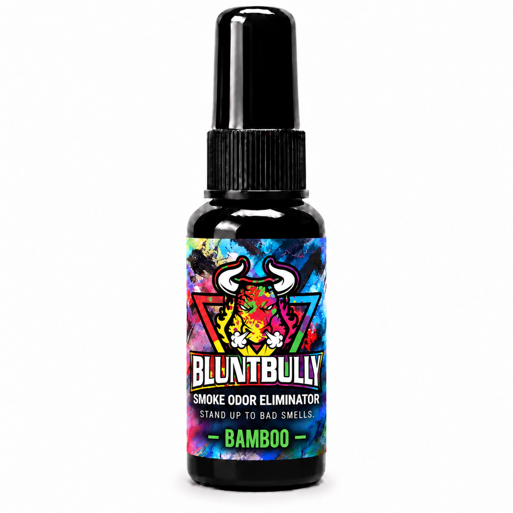 BluntBully Bamboo Smoke Odor Eliminator, new label on the standard 1 oz and 1.5 oz black bottle
