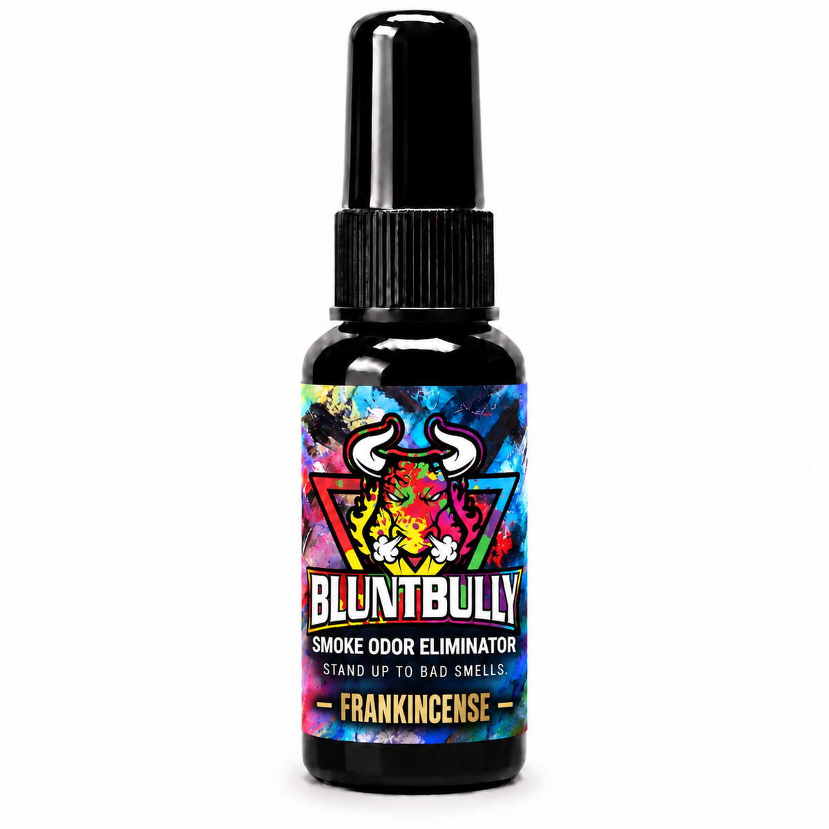 BluntBully Frankincense Smoke Odor Eliminator, new label on the standard 1 oz and 1.5 oz black bottle