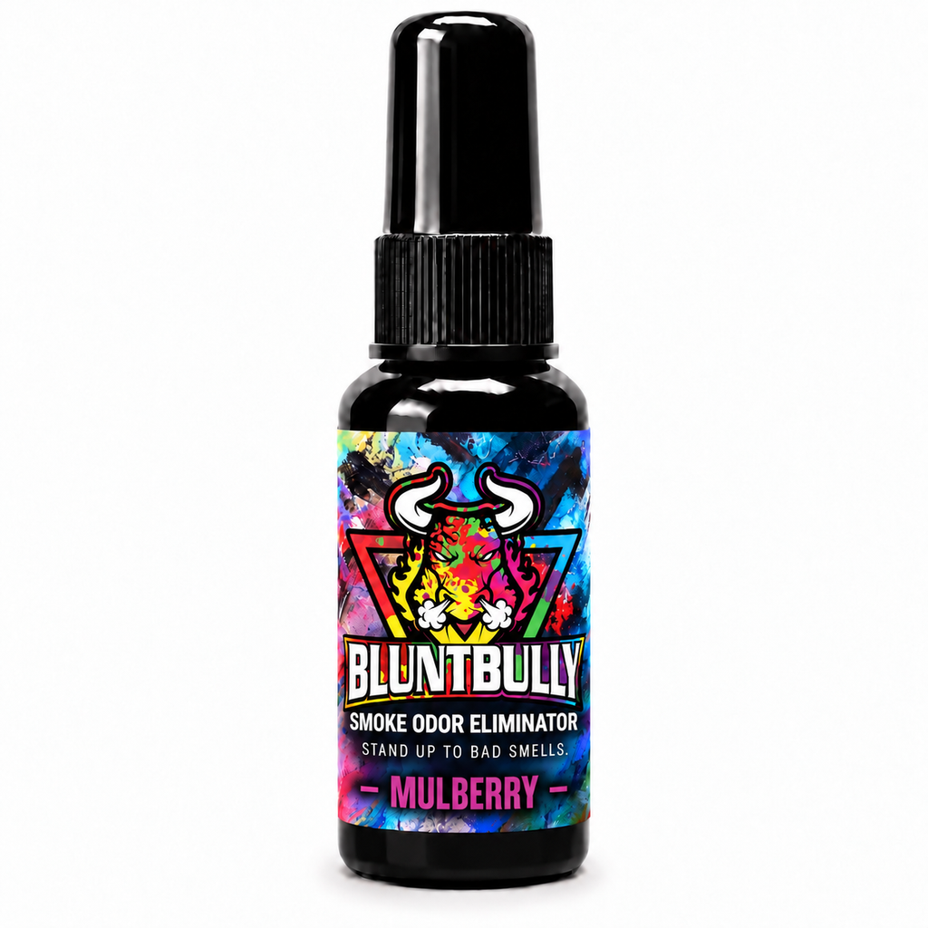 BluntBully Mulberry Smoke Odor Eliminator, new label on the standard 1 oz and 1.5 oz black bottle