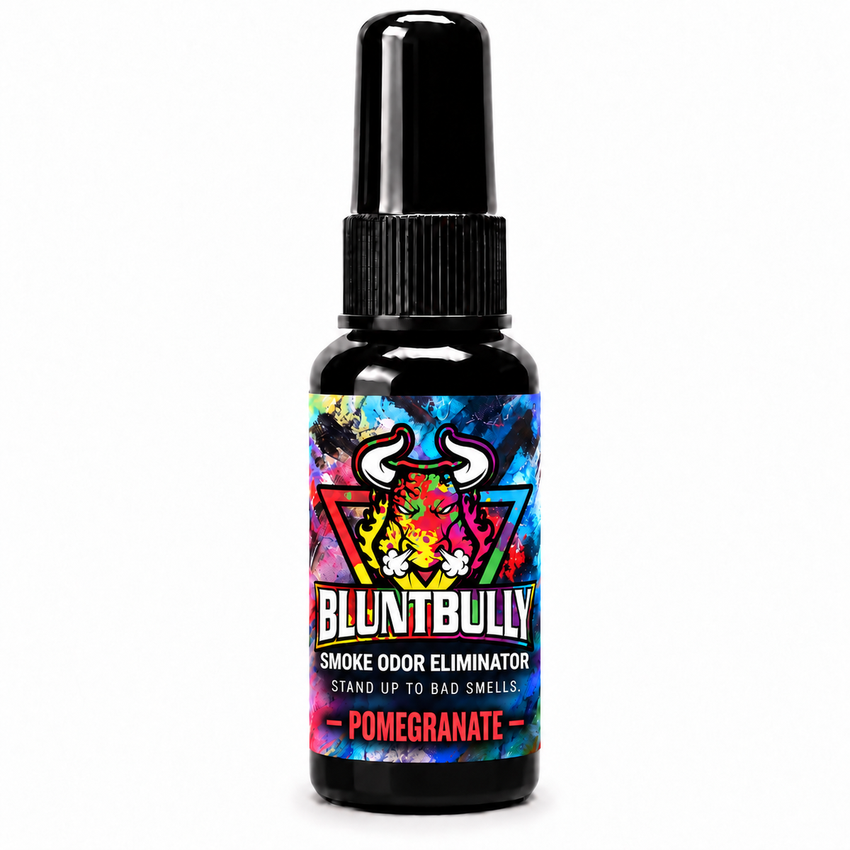 BluntBully Pomegranate Smoke Odor Eliminator, new label on the standard 1 oz and 1.5 oz black bottle